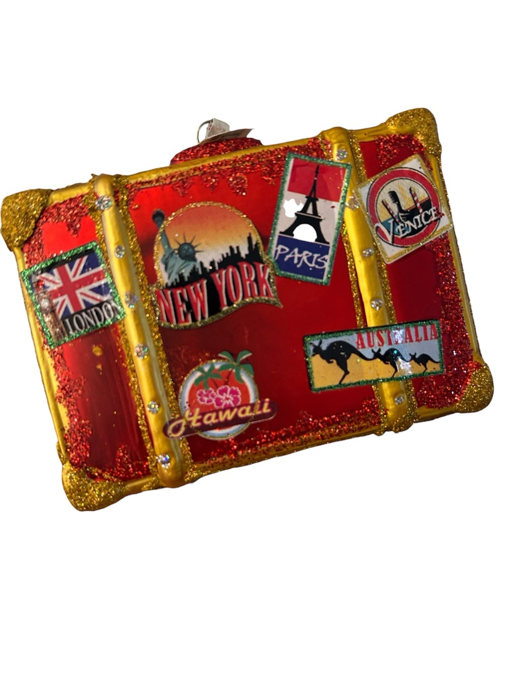 Pier 1 Red Glitter Travel Suitcase glass Christmas tree Ornament with Gold Trim